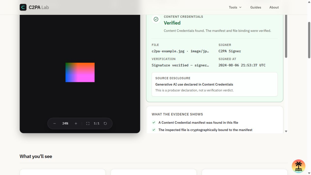 C2PA Lab showing a Verified and Trusted Content Credentials result
